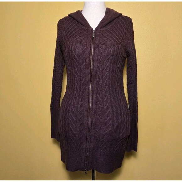 Cambridge Dry Goods Sweaters - Cambridge Dry Goods Nylon Wool Full Zip Long Cable Knit Hooded Sweater Purple M
